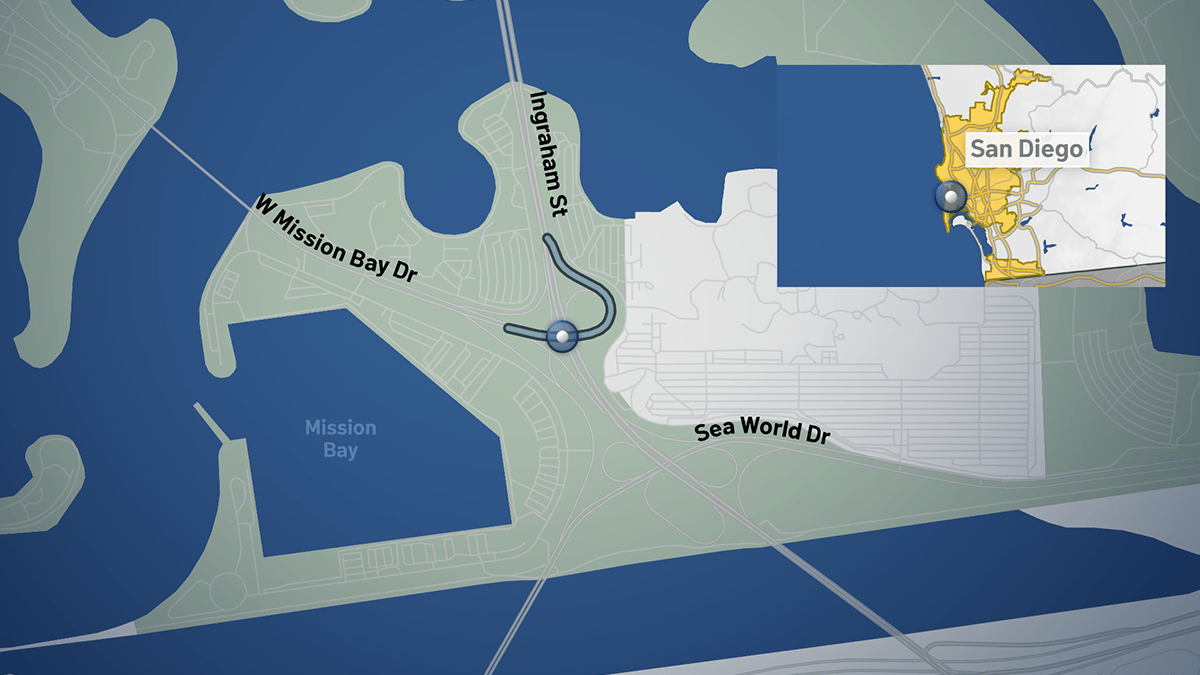This map shows the location of the bridge on West Mission Bay Drive.