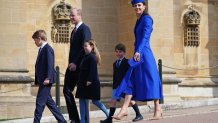 WINDSOR, ENGLAND - APRIL 09: (L-R) Prince George of Wales, Prince William, Prince of Wales, Princess Charlotte of Wales, Prince Louis of Wales and Catharine, Princess of Wales attend the Easter Mattins Service at Windsor Castle on April 9, 2023 in Windsor, England. (Photo by Yui Mok - WPA Pool/Getty Images)