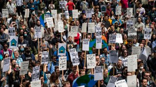 Amazon workers gather for a rally during a walkout event at the company's headquarters on May 31, 2023, in Seattle, Washington.