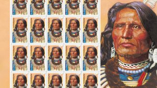 This image provided by the U.S. Postal Service shows the new stamp honoring Native American civil rights leader Chief Standing Bear, issued on Friday, May 12, 2023.