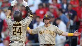 WASHINGTON, DC – MAY 25: Rougned Odor #24 of the San Diego Padres celebrates after hitting a three run home run against the Washington Nationals during the ninth inning at Nationals Park on May 25, 2023 in Washington, DC. (Photo by Patrick Smith/Getty Images)