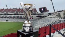 A MLS trophy at Snapdragon Stadium on May 18, 2023. A major announcement from the league was expected.