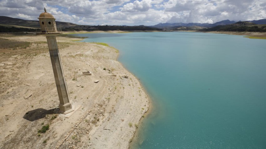 A view of the drought that affected the Los Bermejales reservoir which is at 18% of its capacity in Arenas del Rey in Granada, Spain, on May 13, 2023.