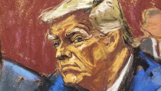 Former U.S. President Trump appears on classified document charges after a federal indictment at Wilkie D. Ferguson Jr. United States Courthouse, alongside his attorney Chris Kise in Miami, Florida, U.S., June 13, 2023 in a courtroom sketch. 