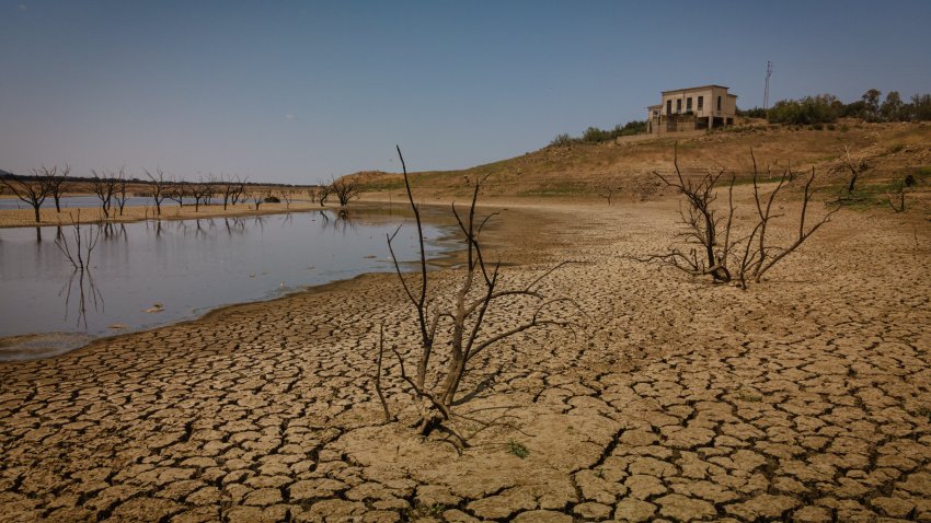 A view of the practically empty swamp that supplied water to Fuente obejuna village in Cordoba, Spain on May 19, 2023.