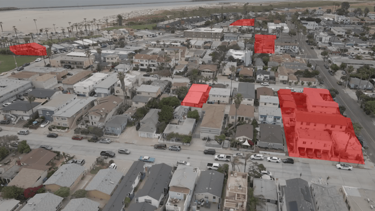 This aerial photo shows properties connected to Michael Mills that have dwelling units with short-term rental licenses. This view shows 56 of those licensed units.