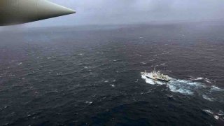 ATLANTIC OCEAN – JUNE 21: In this U.S. Coast Guard handout, a Coast Guard Air Station Elizabeth City, North Carolina HC-130 Hercules airplane flies over the French research vessel, L’Atalante approximately 900 miles East of Cape Cod during the search for the 21-foot submersible, Titan, June 21, 2023 over the Atlantic Ocean. The unified command is searching for five people after the Canadian research vessel Polar Prince lost contact with their submersible during a dive to the wreck of the Titanic on June 18, 2023. (Photo by U.S. Coast Guard via Getty Images)