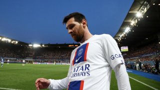 STRASBOURG, FRANCE – MAY 27: Lionel Messi #30 of Paris Saint-Germain reacts during the Ligue 1 match against RC Strasbourg at Stade de la Meinau on May 27, 2023, in Strasbourg, France.