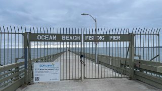 A closed Ocean Beach Pier in June 2023.