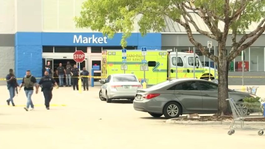 Police and fire rescue respond to a shooting at a Walmart in Florida City on July 19, 2023.
