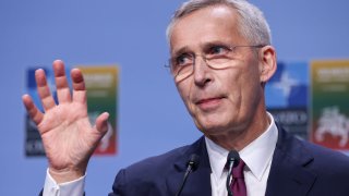 Jens Stoltenberg, secretary general of the North Atlantic Treaty Organization (NATO), during a news conference on the opening day of the annual NATO Summit in Vilnius, Lithuania, on Tuesday, July 11, 2023. 