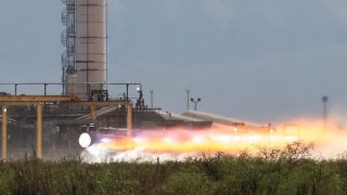 A test of a BE-4 engine at Blue Origin’s Launch Site One facility in West Texas, Aug. 2, 2019.