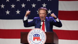 Republican presidential candidate businessman Perry Johnson speaks to guests at the Republican Party of Iowa 2023 Lincoln Dinner on July 28, 2023 in Des Moines, Iowa.