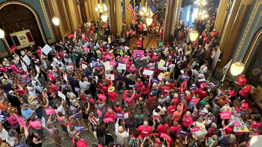 Iowa Democrat Jennifer Konfrst speaks to protesters rallying at the Iowa Capitol rotunda in opposition to the new ban on abortion after roughly six weeks of pregnancy introduced by Republican lawmakers in a special session on Tuesday, July 11, 2023. (AP Photo/Hannah Fingerhut)