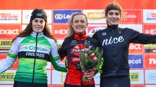 Belgian Marion Norbert Riberolle, Dutch Denise Betsema and American Austin Killips pictured on the podium after the women’s elite race of the ‘Kasteelcross’ cyclocross cycling event, race 7/8 in the ‘Exact Cross’ competition, Saturday 21 January 2023 in Zonnebeke.