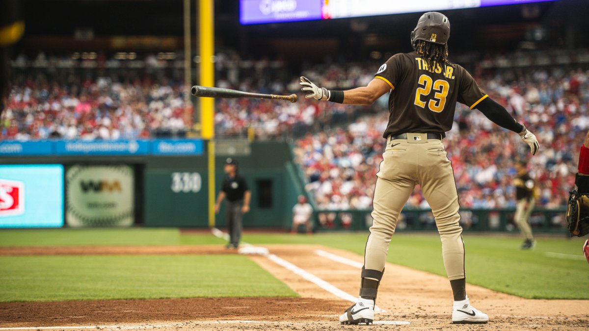 PHILADELPHIA, PA - JULY 14: Fernando Tatis Jr. #23 of the San Diego Padres  at bat during the game against the Philadelphia Phillies at Citizens Bank  Park on July 14, 2023 in