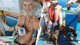 In this July 12, 2023 photo provided by Grupomar/Atun Tuny, Australian Tim Shaddock has is blood pressure taken after being rescued by a Mexican tuna boat in international waters, after being adrift with his dog for three months.