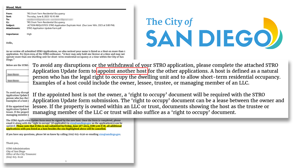This graphic shows an email the San Diego City Treasurer's Office sent to a STRO host who had multiple licenses. 