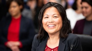 Julie Su, nominee to serve as Secretary of Labor, arrives for her confirmation hearing in the Senate Health Education Labor & Pensions Committee on Thursday, April 20, 2023.