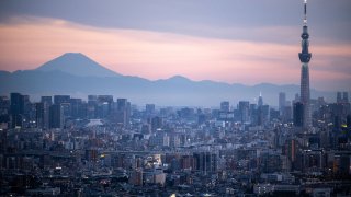 Tokyo Skytree (R) and Mount Fuji are seen from the I-link Town observatory in Ichikawa city, Chiba prefecture, east of Tokyo on July 2, 2023.