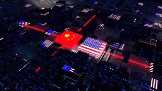 A stock photo of a processor unit, with the flags of the United States and China to illustrate the escalating global race for technology supremacy between the two largest economies in the world.