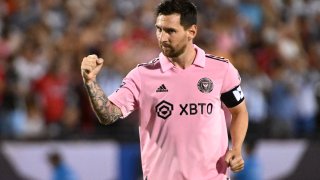 Lionel Messi after scoring against FC Dallas at Toyota Stadium on August 06, 2023 in Frisco, Texas.