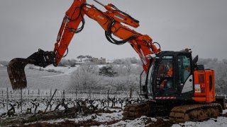 A worker uses a backhoe to grub up an area of vines during snow fall in a vineyard in Haux, some 25 kms southeast of Bordeaux, southwestern France, on January 18, 2023.