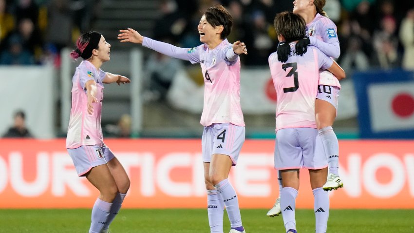 Japan’s players celebrate after Hinata Miyazawa scored their third goal during the Women’s World Cup second round soccer match between Japan and Norway in Wellington, New Zealand, Saturday, Aug. 5, 2023.