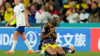 Colombia’s Jorelyn Carabali gets on her knees after losing the Women’s World Cup quarterfinal soccer match between England and Colombia at Stadium Australia in Sydney, Australia, Saturday, Aug. 12, 2023.