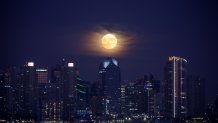 The San Diego Skyline shines under a bright supermoon in this photo by Bill Richards.