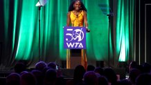 NEW YORK, NEW YORK - AUGUST 25: Coco Gauff speaks onstage during the WTA 50th Anniversary Gala at The Ziegfeld Ballroom on August 25, 2023 in New York City. (Photo by Clive Brunskill/Getty Images)