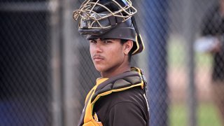 PEORIA, ARIZONA – MARCH 23, 2023: Ethan Salas #85 of the San Diego Padres looks on during a minor league spring training game against the Seattle Mariners at the Peoria Sports Complex on March 23, 2023 in Peoria, Arizona. (Photo by Chris Bernacchi/Diamond Images via Getty Images)