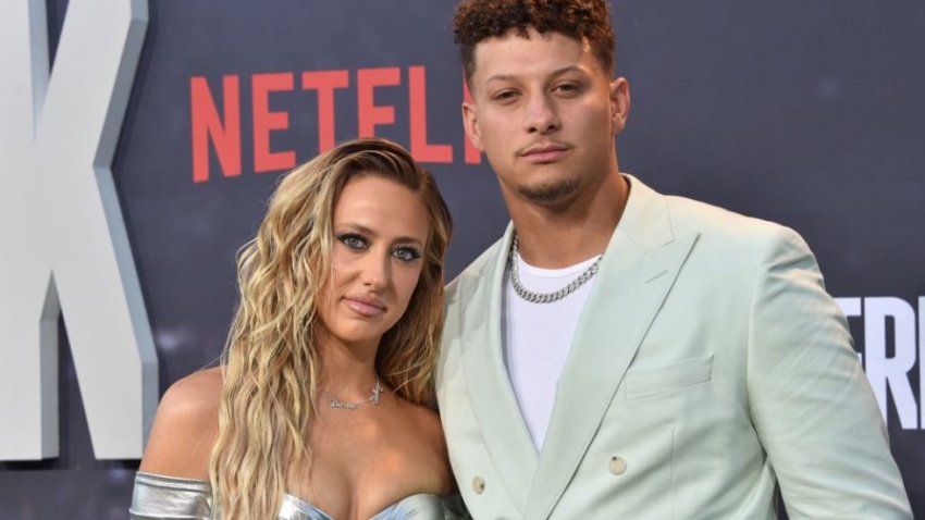 Kansas City Chief's quarterback Patrick Mahomes (R) and his wife Brittany Mahomes arrive for the premiere of Netflix's docuseries "Quarterback"