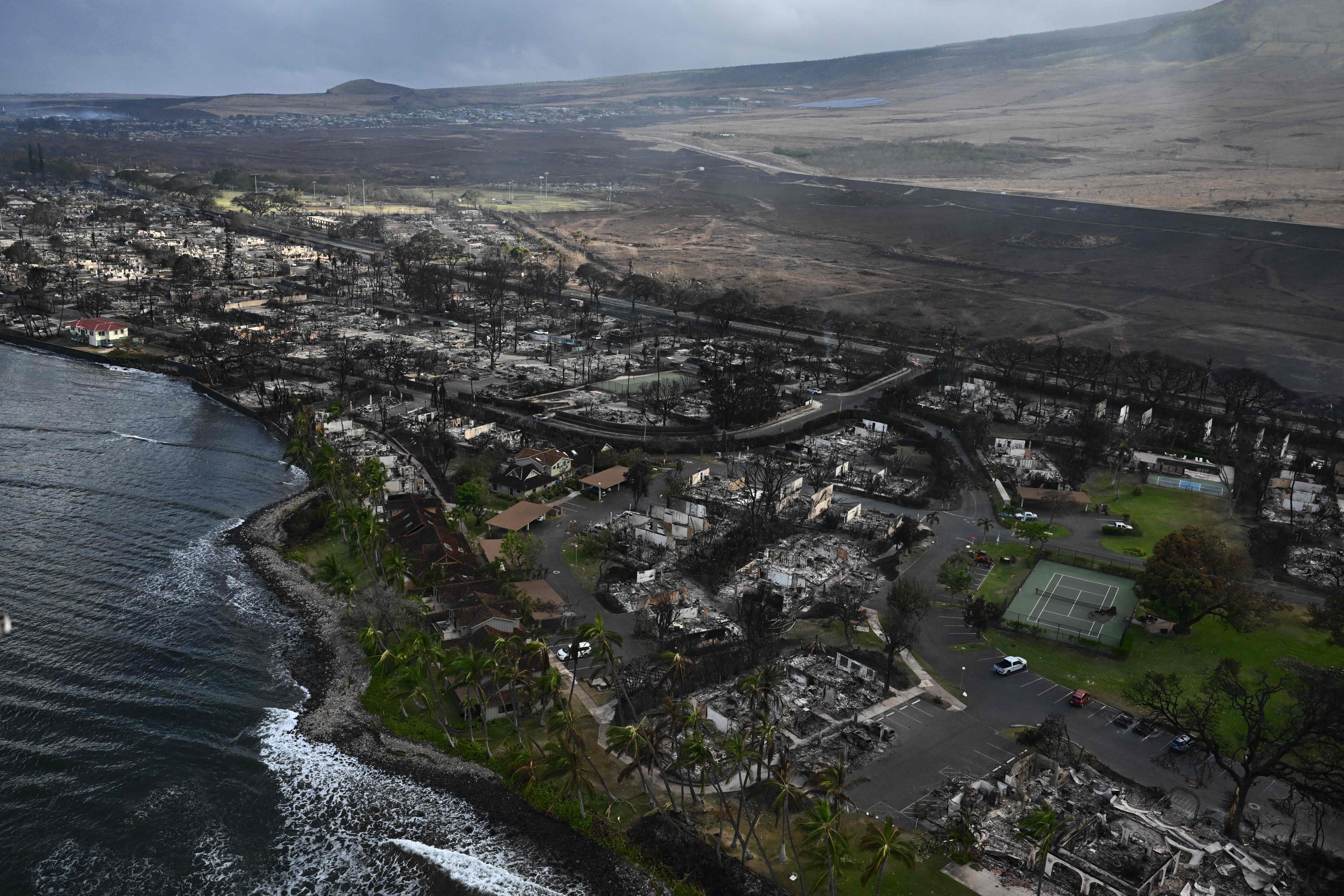 An aerial view of Lahaina after wildfires burned through the town on the Hawaiian island of Maui, Aug. 10, 2023. Dozens of people have died after a fast-moving wildfire turned Lahaina to ashes.