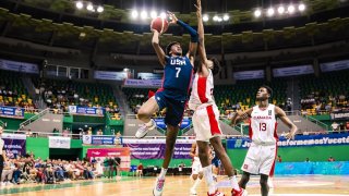 Anicet "AJ" Dybantsa, 7, seen playing the championship game between Team USA and Team Canada in the 2023 FIBA U16 Americas Championship at the Poliforum Zamna arena, Mérida, Mexico, June 11, 2023. The Brockton, Mass., teen quickly emerged as a rising basketball star from the class of 2026.