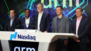 Arm Holdings CEO Rene Haas poses for a photo with members of leadership before the Nasdaq opening bell at the Nasdaq MarketSite on September 14, 2023 in New York City.