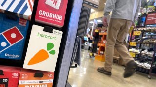 Instacart gift cards are displayed at a Safeway store on August 28, 2023 in San Anselmo, California.