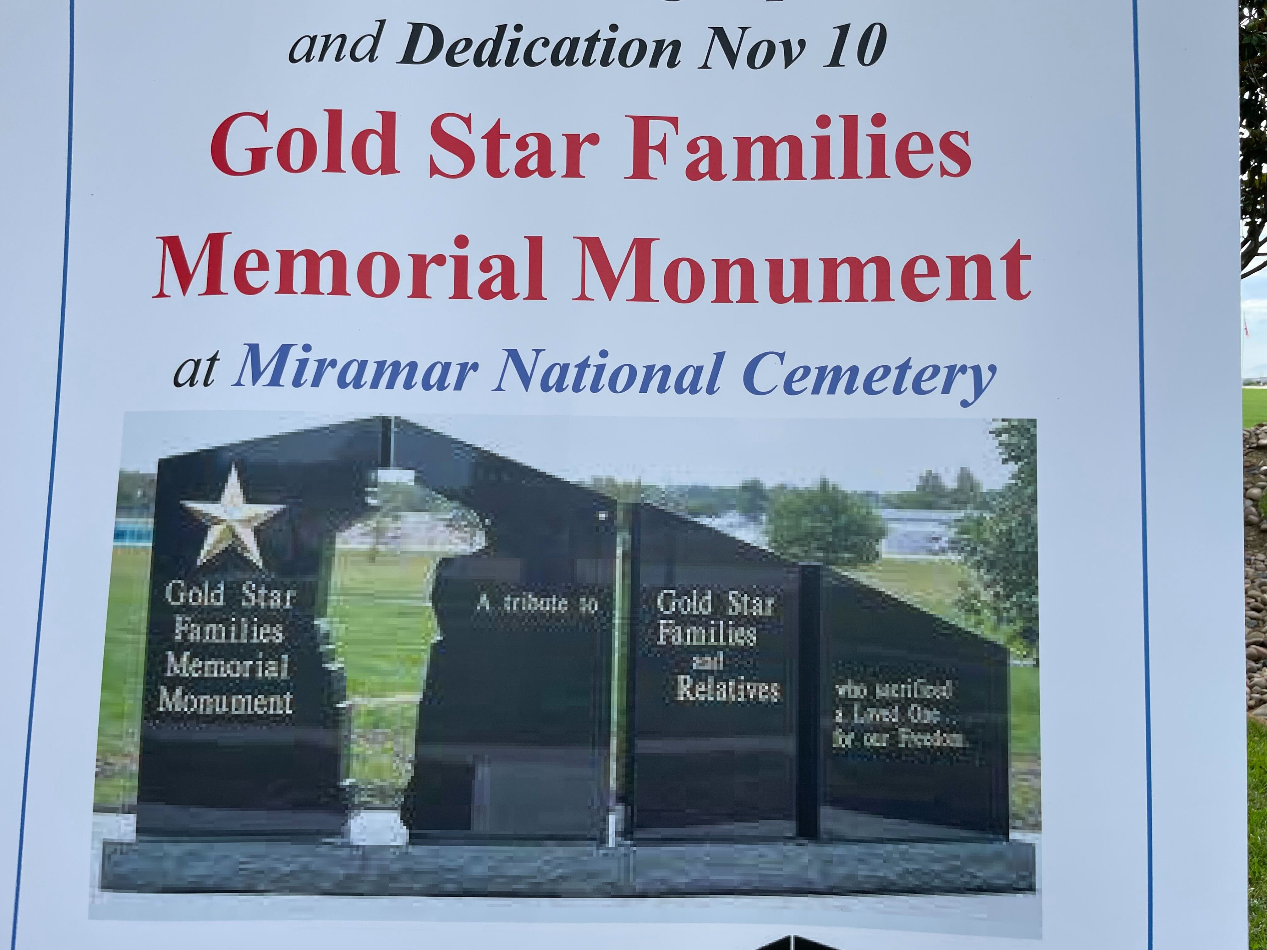 A sign depicts what the Gold Star Families Memorial Monument will look like at Miramar National Cemetery.