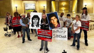 The Rev. Jeff Hood and supporters of Oklahoma death row inmate Anthony Sanchez proclaim his innocence during a news conference at the Oklahoma Capitol in Oklahoma City, May 25, 2023.