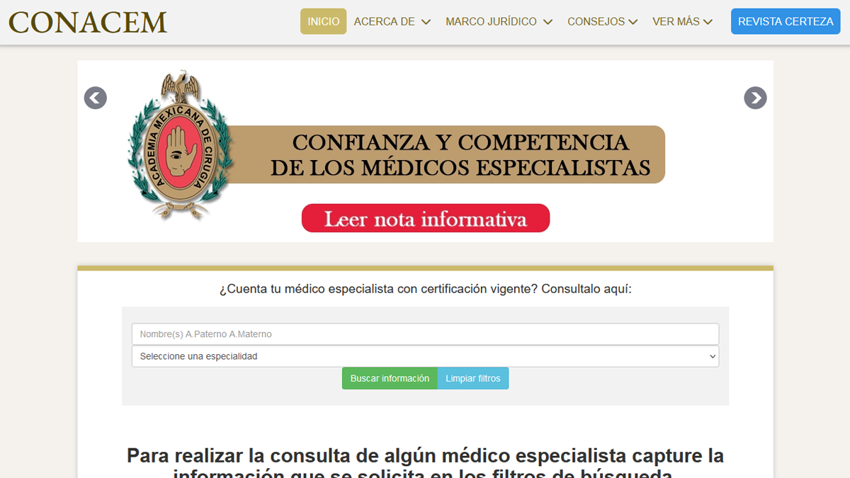 This screenshot, from September, shows the CONACAM website that consumers can use to verify physician licenses.