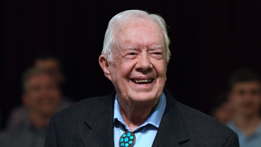 Former U.S. President Jimmy Carter speaks to the congregation at Maranatha Baptist Church before teaching Sunday school in his hometown of Plains, Georgia on April 28, 2019. Carter, 94, has taught Sunday school at the church on a regular basis since leaving the White House in 1981, drawing hundreds of visitors who arrive hours before the 10:00 am lesson in order to get a seat and have a photograph taken with the former President and former First Lady Rosalynn Carter.