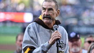 San Diego Padres owner Peter Seidler is seen here speaking before a game against the Texas Rangers July 28, 2023, at Petco Park.