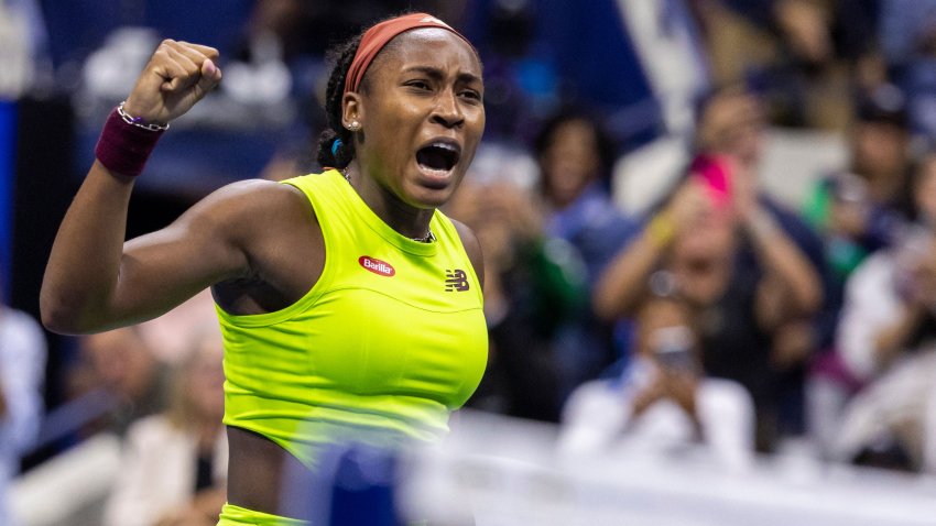 USA’s Coco Gauff celebrates her win against Belgium’s Elise Mertens during the US Open tennis tournament women’s singles third round match at the USTA Billie Jean King National Tennis Center in New York City, on September 1, 2023.