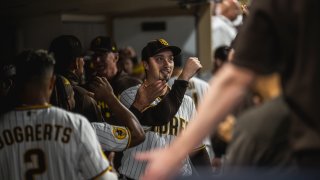 SAN DIEGO, CA – SEPTEMBER 19: Blake Snell #4 of the San Diego Padres walks off through the dugout at the end of the seventh inning against the Colorado Rockies on September 19, 2023 at Petco Park in San Diego, California. (Photo by Matt Thomas/San Diego Padres/Getty Images)