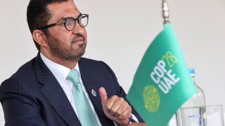 Sultan Al Jaber, chief executive of the UAE’s Abu Dhabi National Oil Company (ADNOC) and president of this year’s COP28 climate summit gestures during an interview as part of the 7th Ministerial on Climate Action (MoCA) in Brussels on July 13, 2023.