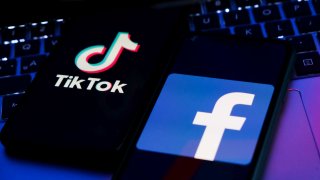 TikTok and Facebook logos displayed on phone screens.