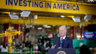 President Joe Biden visits the Cummins Power Generation Facility as part of his administration’s Investing in America tour in Fridley, Minn., on Monday, April 3, 2023.