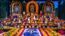 This is a a Day of the Dead altar at a public shrine in the historic city center of Oaxaca, Mexico.