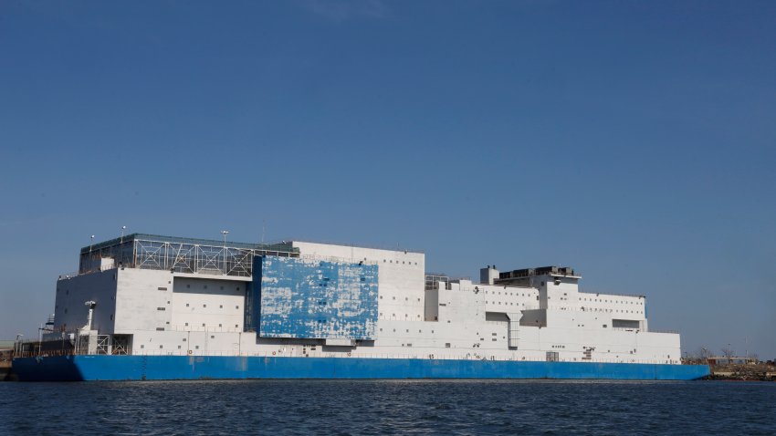 NEW YORK, NY – MARCH 9: The Vernon C. Bain Center, a jail built on a barge sits in the East River across from the Rikers Correctional Center on March 9, 2021 in New York City.