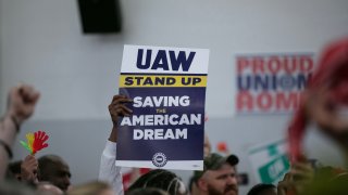 File. UAW members attend a rally in support of the labor union strike at the UAW Local 551 hall on the South Side on October 7, 2023 in Chicago, Illinois. UAW president Shawn Fain joined members in solidarity with the ongoing strike.